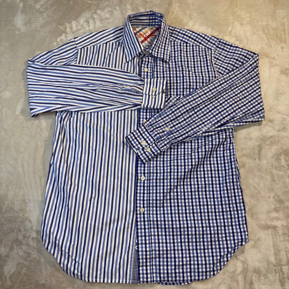 Robert Graham Men's Medium Blue Mixed Print Gingham Stripe Button Down Shirt